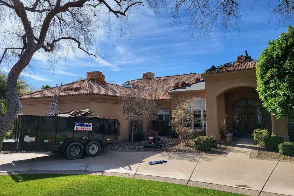 tiled roof being replaced by stapleton roofing