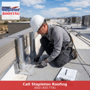 Technician inspecting commercial roof drainage system in Peoria