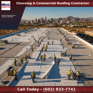 Commercial roofing crew installing a roofing system on a building