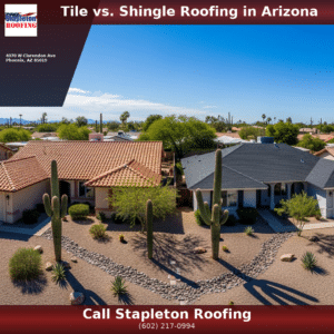 Side-by-side comparison of clay tile roof and asphalt shingle roof
