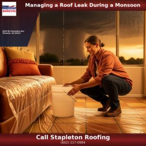 Phoenix homeowner placing bucket under ceiling leak during monsoon storm