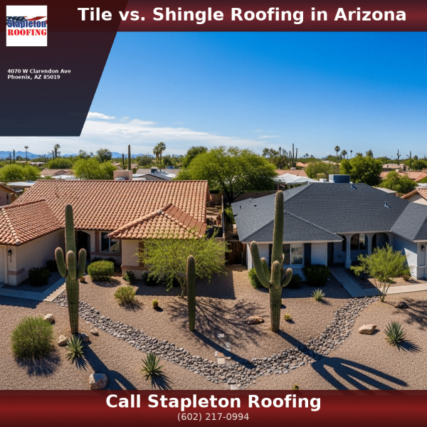 Side-by-side comparison of clay tile roof and asphalt shingle roof