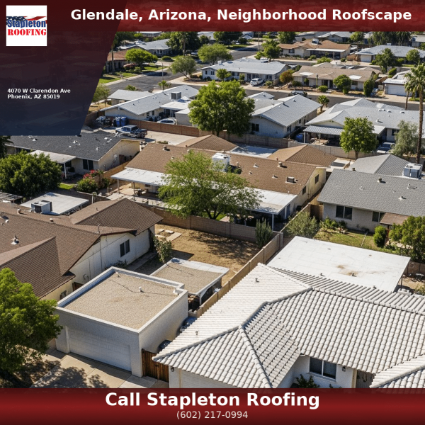 Glendale AZ neighborhood roofscape showing mix of tile and shingle roofs on residential homes