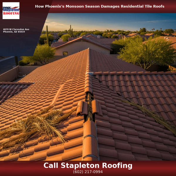 Clay tile roof in Phoenix Arizona damaged after monsoon storm