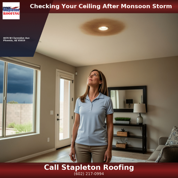 Phoenix homeowner examining ceiling stain after monsoon storm during a post-storm roof inspection