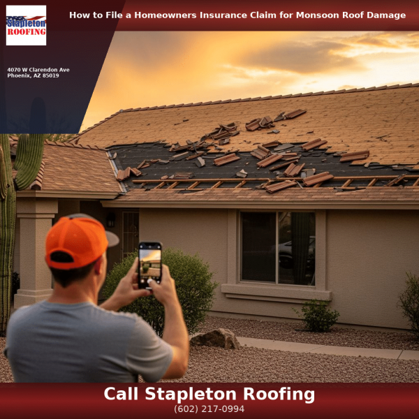 Homeowner photographing monsoon roof damage after an Arizona storm